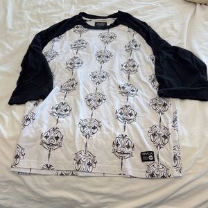 RVCA Black and White Raglan Tee with Graphic Print Mr. Cartoon